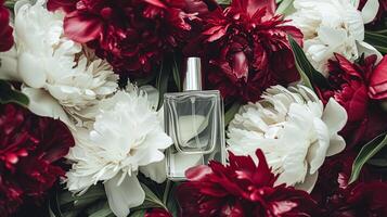 parfum fles in bloemen, geur Aan bloeiend achtergrond, bloemen geur en kunstmatig Product foto