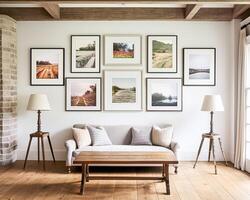 ai gegenereerd galerij muur, huis decor en muur kunst over- bank, ingelijst kunst in modern Engels land huisje zittend kamer interieur, leven kamer voor diy afdrukbare artwork en afdrukken winkel foto