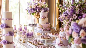 ai gegenereerd bruiloft decor met lavendel thema, bloemen decoratie ontwerp en mooi decor instelling arrangement foto