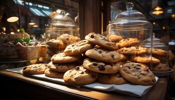 ai gegenereerd eigengemaakt fijnproever chocola spaander koekjes Aan rustiek houten tafel gegenereerd door ai foto