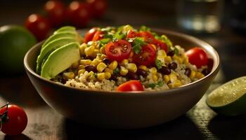 ai gegenereerd vers, gezond salade met tomaat, quinoa, avocado, en koriander gegenereerd door ai foto