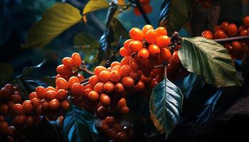 ai gegenereerd versheid en levendigheid in natuur groen bladeren, rijp tomaten, geel fruit gegenereerd door ai foto