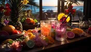 ai gegenereerd vers fruit cocktail Aan houten tafel, een smaak van zomer gegenereerd door ai foto