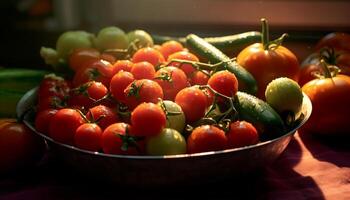 ai gegenereerd vers biologisch groenten Aan houten tafel, gezond aan het eten voor vegetarisch gegenereerd door ai foto