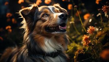 ai gegenereerd schattig puppy zittend buitenshuis, op zoek Bij camera gegenereerd door ai foto