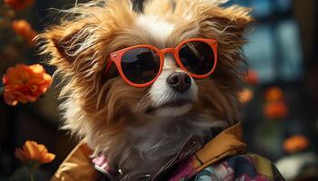 ai gegenereerd schattig puppy vervelend zonnebril, zittend buitenshuis, op zoek Bij camera gegenereerd door ai foto
