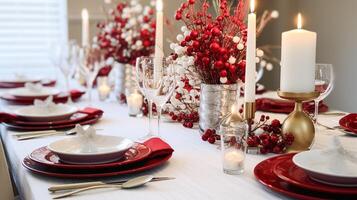 ai gegenereerd tafel decor, vakantie tafellandschap en formeel avondeten tafel instelling voor kerstmis, vakantie en evenement viering, Engels land decoratie en huis styling foto