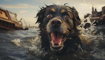 ai gegenereerd schattig nat puppy spelen in de water gegenereerd door ai foto