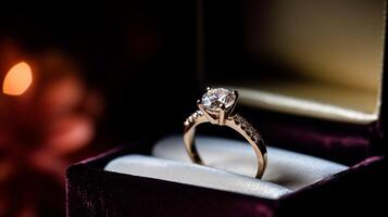 ai gegenereerd sieraden, voorstel en vakantie geschenk, diamant verloving ring, symbool van liefde, romance en inzet foto