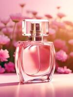 ai gegenereerd luxueus bloemen geur, geur fles en roze bloemen, parfum reclame in bloem tuin, op maat gemaakt parfumerie en schoonheid Product uitverkoop, generatief ai foto