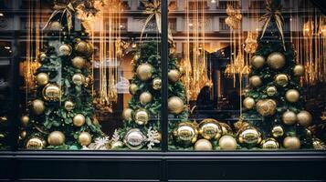 ai gegenereerd Kerstmis decoratie details Aan Engels gestileerd luxe hoog straat stad op te slaan deur of boodschappen doen venster Scherm, vakantie uitverkoop en winkel decor foto