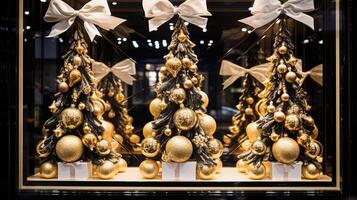 ai gegenereerd Kerstmis decoratie details Aan Engels gestileerd luxe hoog straat stad op te slaan deur of boodschappen doen venster Scherm, vakantie uitverkoop en winkel decor foto