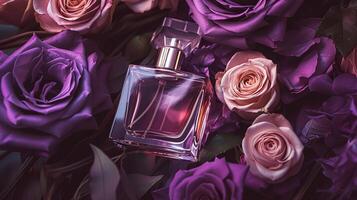 parfum fles in bloemen, geur Aan bloeiend achtergrond, bloemen geur en kunstmatig Product foto