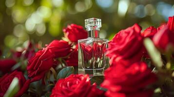 ai gegenereerd parfum fles in bloemen, geur Aan bloeiend achtergrond, bloemen geur en kunstmatig Product foto