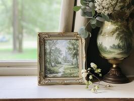 ai gegenereerd wijnoogst kunst kader in de elegant interieur, muur en huis decor foto