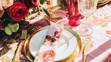 ai gegenereerd bruiloft en evenement viering tafellandschap met bloemen, formeel avondeten tafel instelling met rozen en wijn, elegant bloemen tafel decor voor avondeten partij en vakantie decoratie, huis styling foto