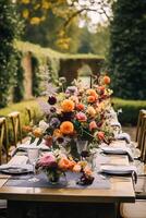 ai gegenereerd herfst tafel landschap, herfst- avondeten tafel instelling, vakantie tafellandschap voor bruiloft, verjaardag of partij evenement viering, generatief ai foto