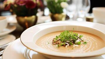 ai gegenereerd paddestoel room soep in een restaurant, Engels platteland voortreffelijk keuken menu, culinaire kunst voedsel en prima dining foto