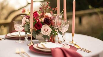 ai gegenereerd valentijnsdag dag tafellandschap en tafel decor, romantisch tafel instelling met bloemen, formeel avondeten en datum, mooi bestek en serviesgoed foto