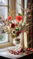 ai gegenereerd bloemen arrangement met winter, herfst of vroeg voorjaar botanisch planten en bloemen foto