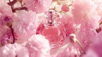 ai gegenereerd parfum fles in bloemen, geur Aan bloeiend achtergrond, bloemen geur en kunstmatig Product foto