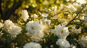 ai gegenereerd parfum fles in bloemen, geur Aan bloeiend achtergrond, bloemen geur en kunstmatig Product foto