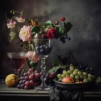 keizerlijk nog steeds leven, met een glas van rood wijn, een premie van vers fruit, en een klassiek vaas overlopend met bloemen foto