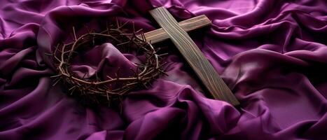ai gegenereerd hout kruis en een kroon van doornen over- zacht Purper kleding stof voor Pasen. katholicisme symbool. foto