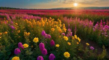 ai gegenereerd mooi bloem veld, zomer tafereel, mooi bloemen in de veld, groen natuur, panoramisch visie foto