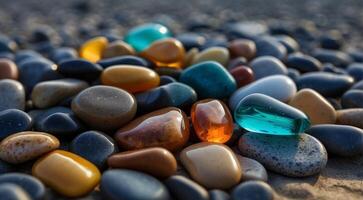 ai gegenereerd mooi strand gekleurde stenen in de strand kant met golven Bij de nacht, fosfor stenen, gekleurde strand stenen achtergrond foto