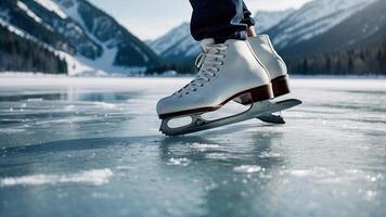 ai gegenereerd dichtbij omhoog van een figuur schaatser skates aan de overkant een bevroren meer, figuur schaatser Aan bevroren meer, bevroren achtergrond foto