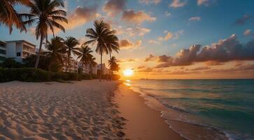 ai gegenereerd zonsondergang Bij de Miami strand, Miami strand tafereel, fantastisch visie van de strand, zonsondergang over- de strand foto