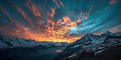 ai gegenereerd Zwitsers Alpen besneeuwd berg reeks met valleien en weiden, platteland in Zwitserland landschap. gouden uur majestueus vurig zonsondergang lucht, reizen bestemming behang achtergrond foto