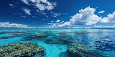 ai gegenereerd Super goed barrière rif Aan de kust van koninginneland, Australië zeegezicht. koraal zee marinier ecosysteem behang met blauw bewolkt lucht in de daglicht foto