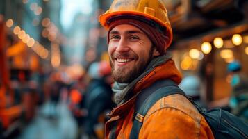 ai gegenereerd portret van onderhoud arbeider op zoek in camera met leeg ruimte voor tekst. foto