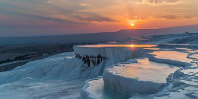 ai gegenereerd mineraal rijk baby blauw thermisch wateren in wit travertijn terrassen Aan een heuvel in pamukkale, kalkoen. zonsondergang buitenshuis spa in natuur, reizen bestemming, ontspanning en rust landschap foto