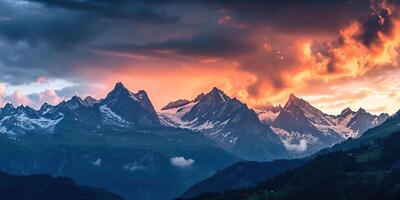 ai gegenereerd Zwitsers Alpen besneeuwd berg reeks met valleien en weiden, platteland in Zwitserland landschap. gouden uur majestueus vurig zonsondergang lucht, reizen bestemming behang achtergrond foto