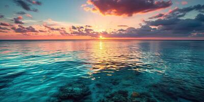 ai gegenereerd Super goed barrière rif Aan de kust van koninginneland, Australië zeegezicht. koraal zee marinier ecosysteem behang achtergrond Bij zonsondergang, met een oranje Purper lucht in de avond gouden uur foto