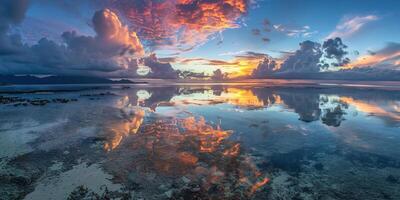 ai gegenereerd Super goed barrière rif Aan de kust van koninginneland, Australië zeegezicht. koraal zee marinier ecosysteem behang achtergrond Bij zonsondergang, met een oranje Purper lucht in de avond gouden uur foto