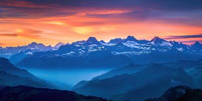 ai gegenereerd Zwitsers Alpen besneeuwd berg reeks met valleien en weiden, platteland in Zwitserland landschap. gouden uur majestueus vurig zonsondergang lucht, reizen bestemming behang achtergrond foto
