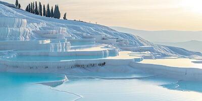 ai gegenereerd mineraal rijk baby blauw thermisch wateren in wit travertijn terrassen Aan een heuvel in pamukkale, kalkoen. buitenshuis spa in natuur, reizen bestemming, ontspanning en rust landschap foto