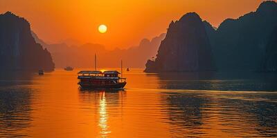 ai gegenereerd ha lang baai, Halong baai wereld erfgoed plaats, kalksteen eilanden, smaragd wateren met boten in provincie, Vietnam. zonsondergang, reizen bestemming, natuurlijk zich afvragen landschap achtergrond behang foto