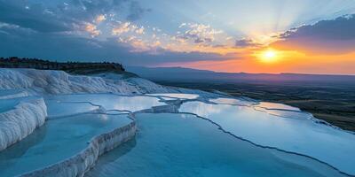 ai gegenereerd mineraal rijk baby blauw thermisch wateren in wit travertijn terrassen Aan een heuvel in pamukkale, kalkoen. zonsondergang buitenshuis spa in natuur, reizen bestemming, ontspanning en rust landschap foto