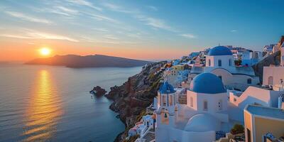 ai gegenereerd Santorini thira eiland in zuidelijk Egeïsch zee, Griekenland zonsondergang. fira en oia stad- met wit huizen met uitzicht kliffen, stranden, en klein eilanden panorama achtergrond behang foto