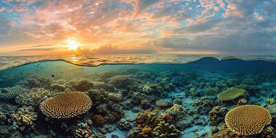 ai gegenereerd Super goed barrière rif Aan de kust van koninginneland, Australië zeegezicht. koraal marinier ecosysteem onderwater- spleet visie, gouden uur zonsondergang avond lucht behang achtergrond foto