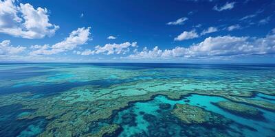 ai gegenereerd Super goed barrière rif Aan de kust van koninginneland, Australië zeegezicht. koraal zee marinier ecosysteem behang met blauw bewolkt lucht in de daglicht foto