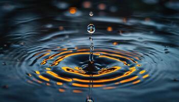 ai gegenereerd detailopname van een water laten vallen plons in in een vijver. macro schot, blauw en grijs tonen, oppervlakte spanning, mooi natuur foto