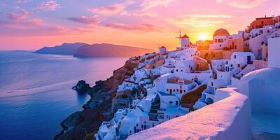 ai gegenereerd Santorini thira eiland in zuidelijk Egeïsch zee, Griekenland zonsondergang. fira en oia stad- met wit huizen met uitzicht kliffen, stranden, en klein eilanden panorama achtergrond behang foto