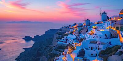 ai gegenereerd Santorini thira eiland in zuidelijk Egeïsch zee, Griekenland zonsondergang. fira en oia stad- met wit huizen met uitzicht kliffen, stranden, en klein eilanden panorama achtergrond behang foto