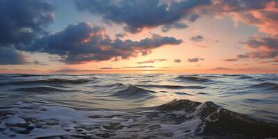 ai gegenereerd Baltisch zee golven met schuim crashen Aan de strand Bij zonsondergang. Purper, oranje, geel en blauw tinten, zonnestralen, romantisch avond, zeegezicht landschap achtergrond behang foto